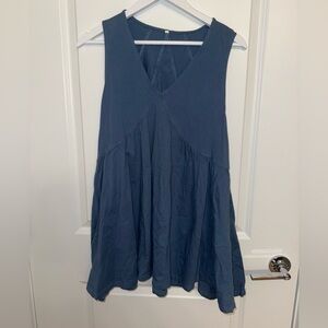 Summer Sleeveless Causal Mini Dress Bluegrey with V-Neck and Pockets